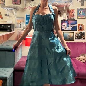 Elegant Teal-Turquoise Satin Halter Dress